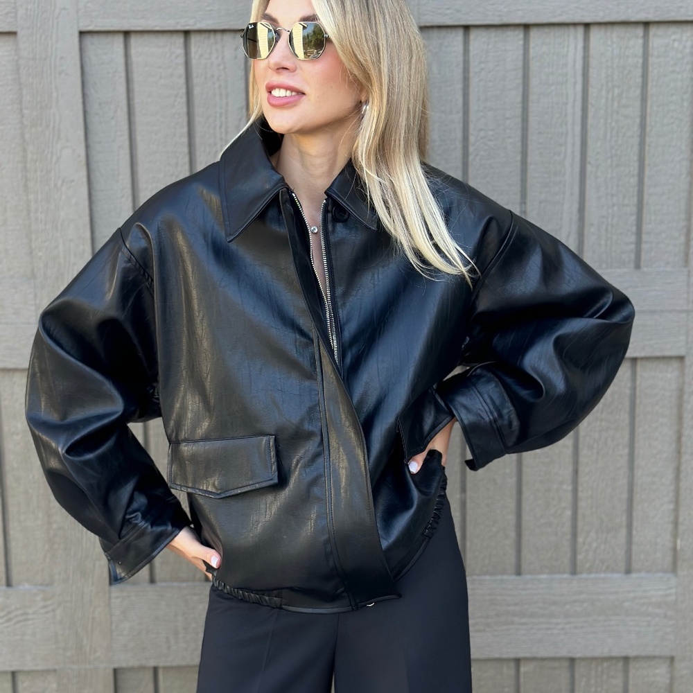 Oversized Faux Leather Women Bomber Jacket